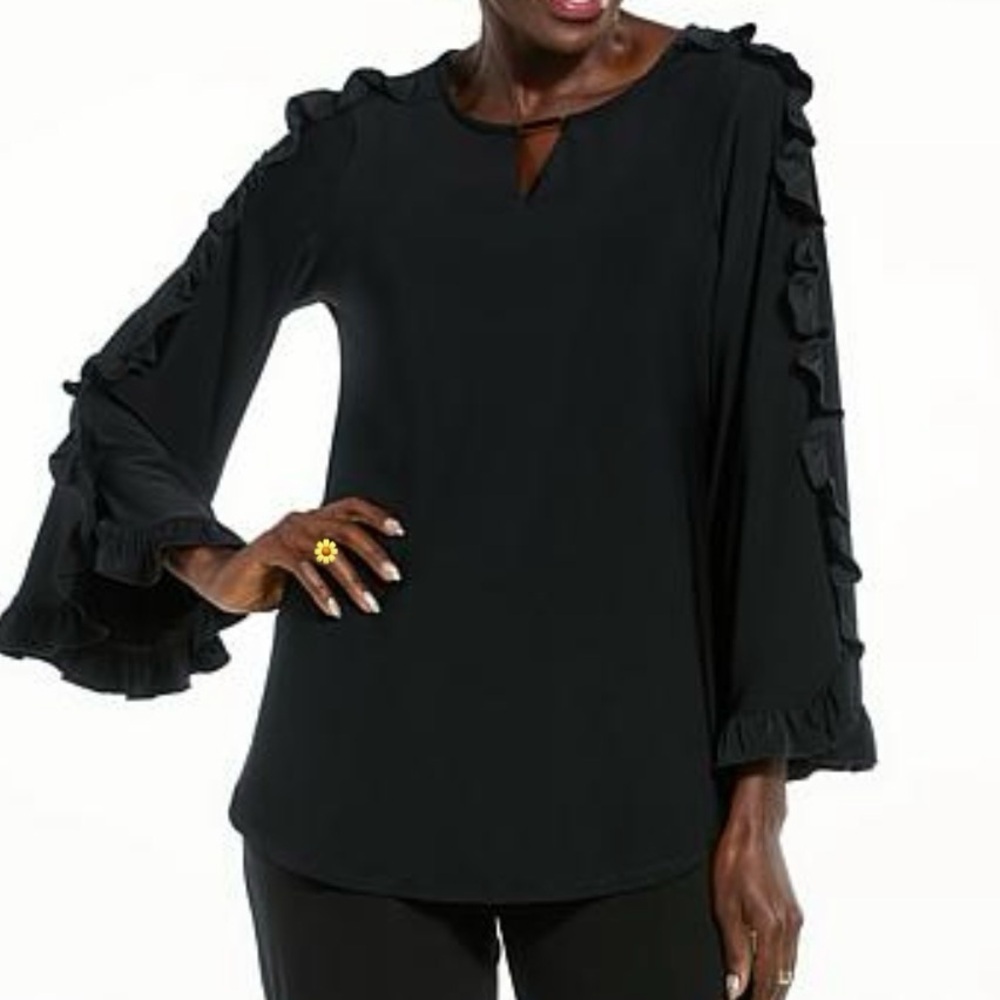 Antthony Notched Neck Top with Ruffle Sleeves Black Size M